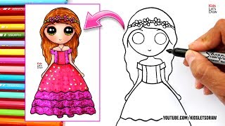 Cómo dibujar una Muñeca Kawaii con vestido de fiesta usando brillantina (glitter)