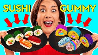 REAL FOOD VS GUMMY || Eating World’s Largest Gummy! GIANT FOOD Tasting by 123 GO! Challenge