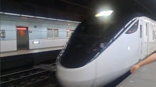 442次樹林發車開往台東的EMU3000型十二輛編組EMU3005皮蛋豆腐騰雲號紅色帶新城際自強號列車，和2033次七堵發車經由海線開往彰化的銀綠色微笑號EMU900型十輛一編組EMU913區間快車