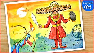 How to Draw Dussehra Drawing / Indian festival Vijayadashami painting - step by step