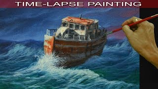 Acrylic Painting in Time Lapse Old Fishing Boat on Huge Waves by JM Lisondra