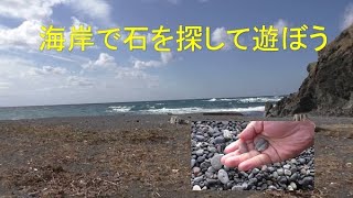 海岸で　石拾いをして遊ぶ