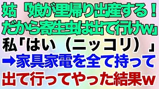 【スカッとする話】同居中の義母「娘が里帰り出産するから寄生虫は出て行け！」私「わかりました（ニッコリ）」→家具家電を全て持って出て行った結果