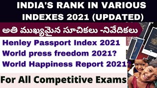 India's Ranking in Global Index 2021 Telugu | Index and ranking 2021 Telugu | Current Affairs 2021