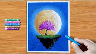 Oil pastel drawing - moonlight night scenery drawing with oil pastel