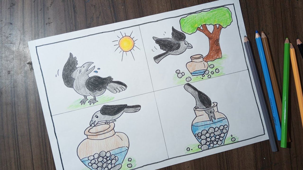 How To Draw The Thirsty Crow Story Easy Drawing Step By Step Easy Crow ...