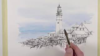 Pen and Ink with Watercolor   Line and Wash Lighthouse Landscape