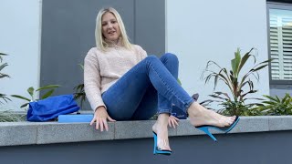 Catie Reviews Fabulicious POISE-01 Aqua Blue Clear 5 Inch High Heel Shoes Outdoors At Her Apartment