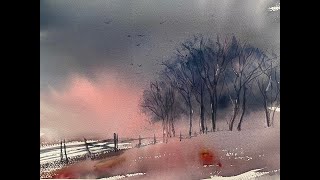 Simple BEGINNER'S Loose RED SKY AT NIGHT Watercolour Landscape, watercolor painting tutorial demo