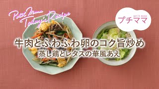 【プチママ♪ミールキット　2023/5/24】牛肉とふわふわ卵のコク旨炒め・蒸し鶏とレタスの華風あえ