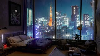 A Luxury Tokyo Hotel Room | Rain, Wind and Thunder sounds For Sleeping | 4K | 8Hrs