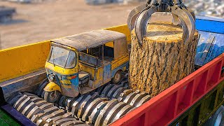 Massive Shredder Destroys Tree Stump and Loader Rickshaw! Heavy Metal Crushing