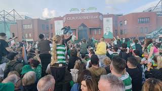 Celtic fans celebrate winning 2 in a row outside Celtic Park