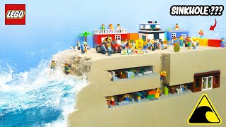 Lego Underground Shelter Flooding - Lego Dam Breach Experiment - Tsunami Wave Machine & Sinkhole