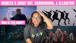 FIRST TIME LISTENING TO MONSTA X! SHOOT OUT, DRAMARAMA, \u0026 ALLIGATOR REACTION!! WOW!!