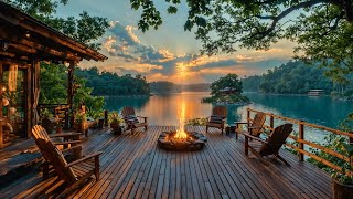 Peaceful Spring by the Lakeside Porch | Relaxing Cozy Fire Pit \u0026 Nature Sounds For Relaxing Scenery