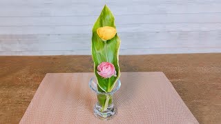 ドラセナを使って花どめのアレンジ