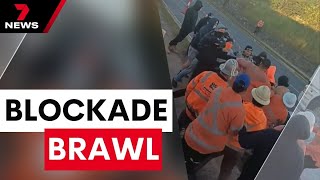 Cross River Rail blockade erupts into frightening brawl | 7 News Australia