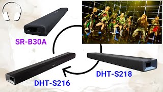 DENON DHT-S218  DHT-S216 YAMAHA SR-B30A サウンドバー三機種比較 Relay music playback with three sound bars.