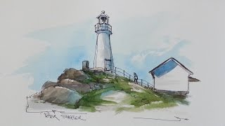 Pen and Wash Watercolor Tutorial. Cape Spear Lighthouse by Peter Sheeler