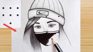 How to draw a Girl with mask pencil drawing || easy girl face drawing step by step || चित्र , draw