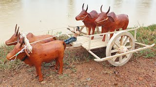 How To Make Cow Bullock Cart From Wood with Four Wooden Cows