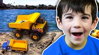 Digging at the Beach! | Toy Dump Trucks & Excavators Pretend Play | JackJackPlays