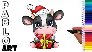 How to Draw 🎅 Cute Cow for Christmas day 🐮 | Learn to Draw step by step