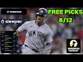 MLB Player Props Prize Picks Sleeper Fantasy Underdog DFS FREE PICKS 8-12-24