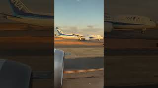 羽田空港にて　鮮やかな夕暮れ時のANA B787と並走