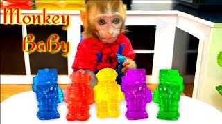 Monkey Baby MIMI eats robot jelly and and play with Puppy in school |   Happy Home