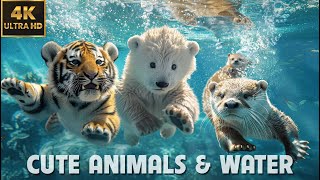 CUTE ANIMALS Playing in Water 4K |  Relax with JAZZ MUSIC \u0026 STREAM FOREST Sound | #CutiePieces