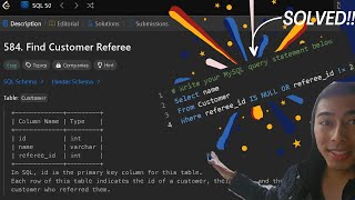 Leetcode SQL basics: Find Customer Referee | is null, or, database, select, from, where