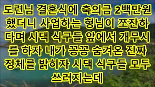 도련님 결혼식에 축의금 2백만원 했더니 사업하는 형님이 쪼잔하다며 시댁 식구들 앞에서 개무시를 하자 내가 꽁꽁 숨겨온 진짜 정체를 밝히자 시댁 식구들 모두 쓰러지는데