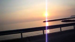 日本の夕陽百選、香川県、荘内半島から夕陽の海を見ながらドライブ