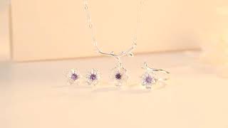 “CHERRY BLOSSOM” STERLING SILVER CRYSTAL SAKURA FLOWER NECKLACE EARRINGS RING JEWELRY SET