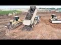 Technique Skills Operator Bulldozer Pushing Mud Soil Huge Land Filling Up Process