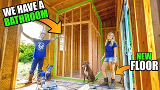 Bathroom FRAMING & New SUBFLOOR! Couple Builds DIY TINY HOUSE! Off Grid