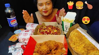 EATING KFC CRISPY CHICKEN, DOMINO'S PIZZA, GARLIC BREAD, CHICKEN SNACKER BURGERS AND FRENCH FRIES😍