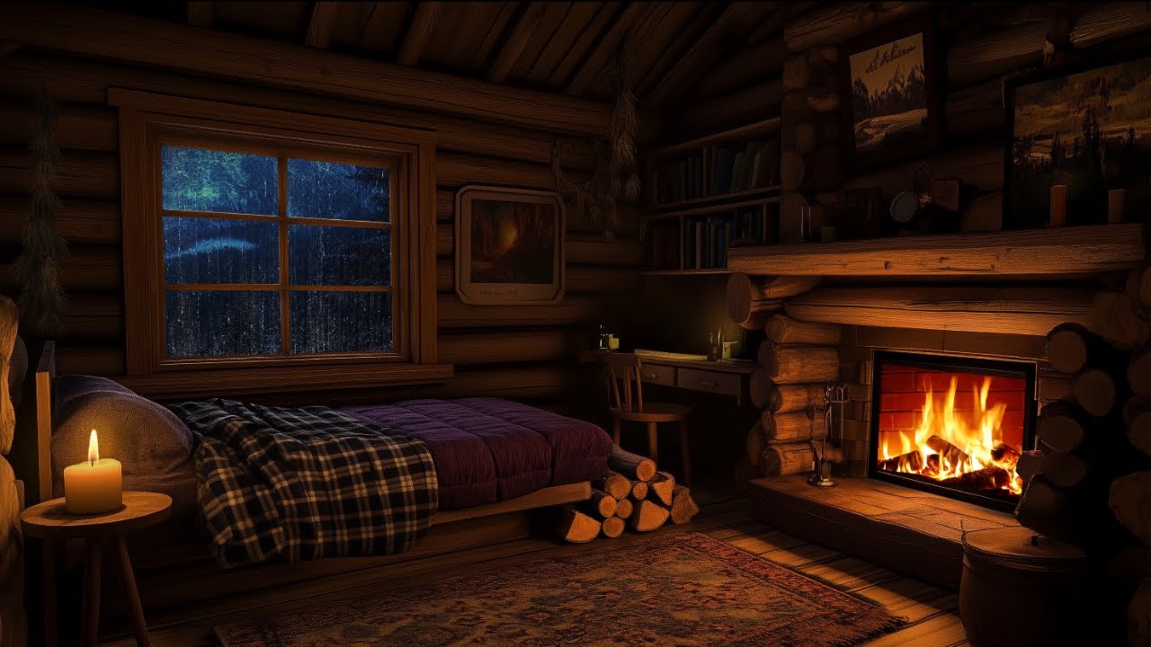Cozy Rainy Night In A Rustic Cabin Fireplace Books Warm Ambience