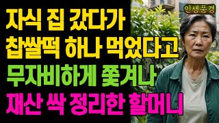자식 집 갔다가 찹쌀떡 하나 먹었다고 며느리에게 무자비하게 쫓겨나 재산 싹 정리한 할머니 노년의 삶의 지혜 행복한 노후생활 부모자식갈등 사연 이야기 오디오북