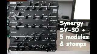 Five Synergy modules + stompboxes