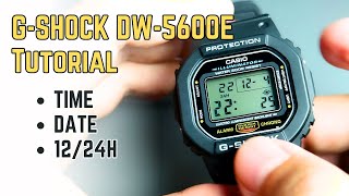 Casio G-Shock DW-5600 basic setting / DW5600E quick tutorial: time, date, time format (Module 3229)