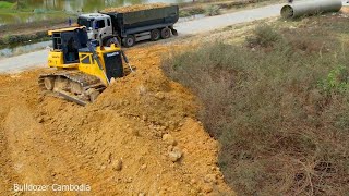 Perfect New Project!! Dump Truck 25.5Ton Filling Land with Bulldozer SHANTUI Push Soil into Forest