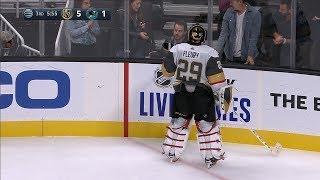 Marc-Andre Fleury gives a Sharks stick away to fans