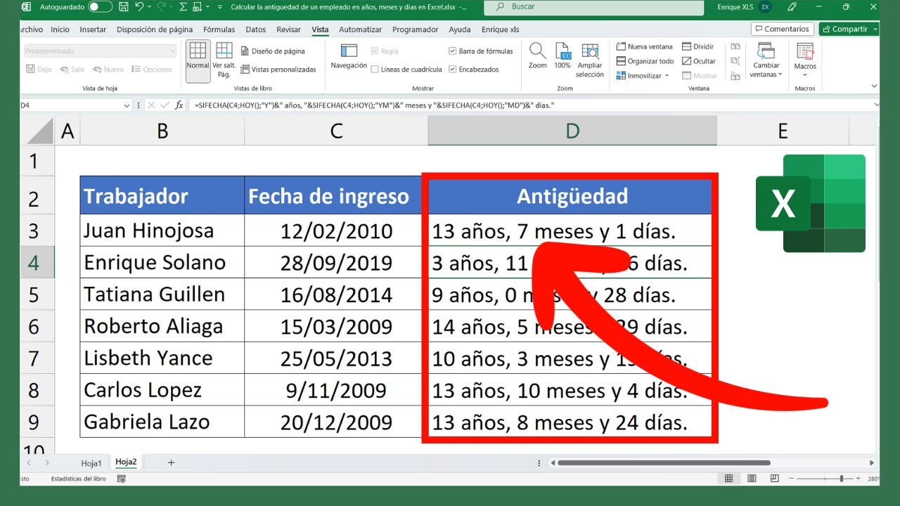 Calcular La ANTIGUEDAD De Un TRABAJADOR En Años, Meses Y Días - YouTube