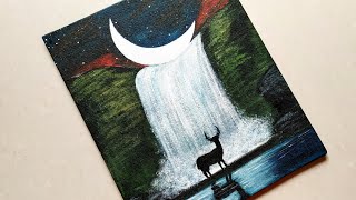 Acrylic Painting Moonlight Waterfall Scenery Painting Tutorial | Step by step Waterfall landscape