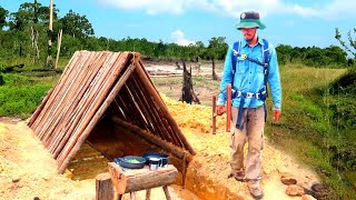 Solo bushcraft dugout shelter - Build from start to finish - Off grid living survival