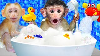 Monkey Bi Bon and Baby KuKu naughty with Bubble bath and ducklings in the toilet | Animal HT