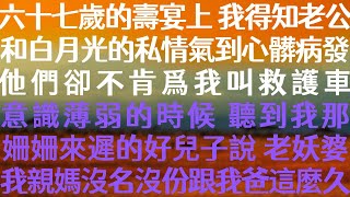 六十七歲的壽宴上，我得知老公和白月光的私情氣到心髒病發。他們卻不肯爲我叫救護車。意識薄弱的時候，聽到我那姍姍來遲的好兒子說：老妖婆，我親媽沒名沒分跟我爸這麼久，終於等到這一天了